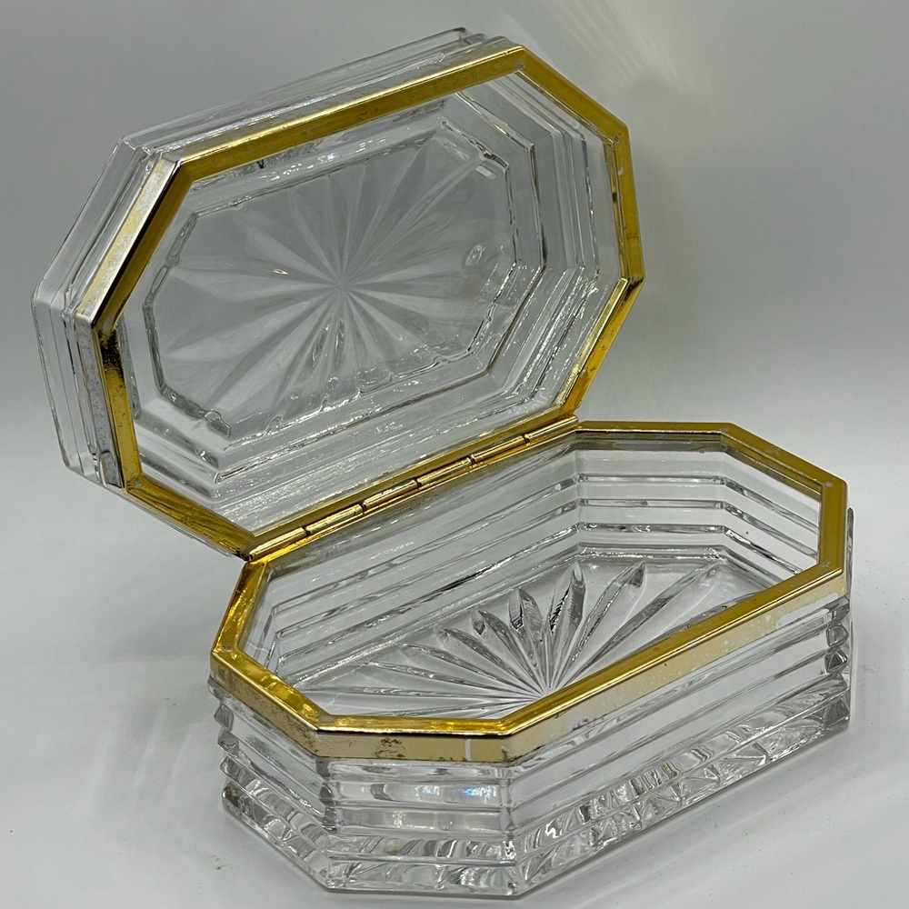 Vintage German Lead Crystal Octagonal Trinket Box with Gold Trim & Metal Hinge